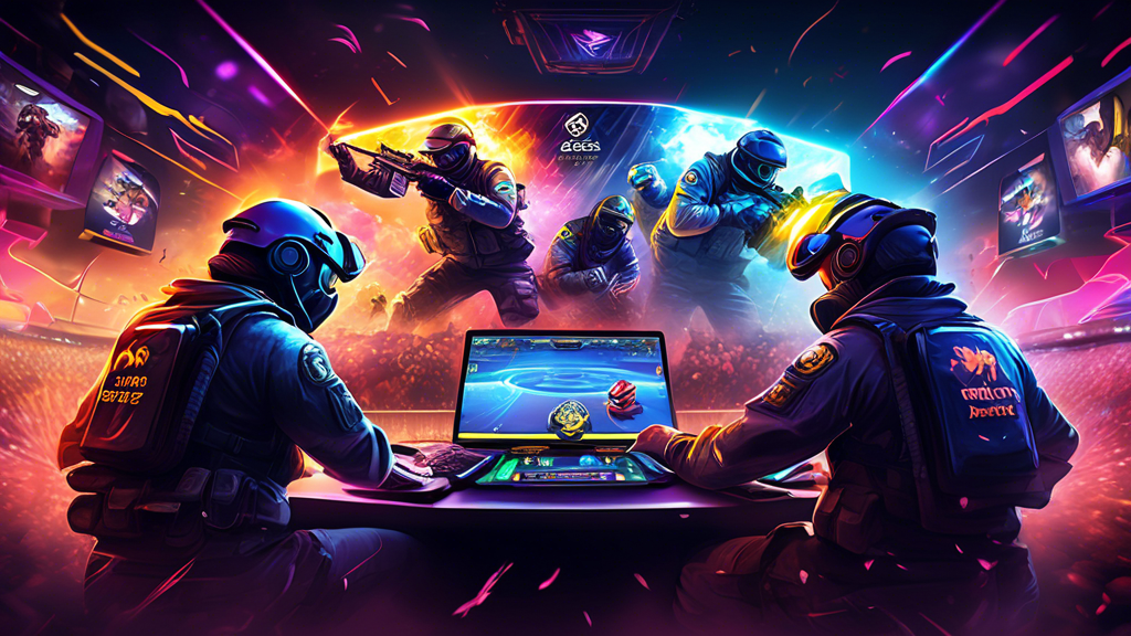 Create an electrifying digital artwork capturing the thrilling world of CSGO game betting. Include a vibrant eSports arena filled with excited fans, illuminated computer screens showcasing intense in-game action, and a futuristic interface displaying various betting options and odds. Incorporate elements like virtual betting chips, esports trophies, and CSGO weapon imagery to complete the dynamic scene.