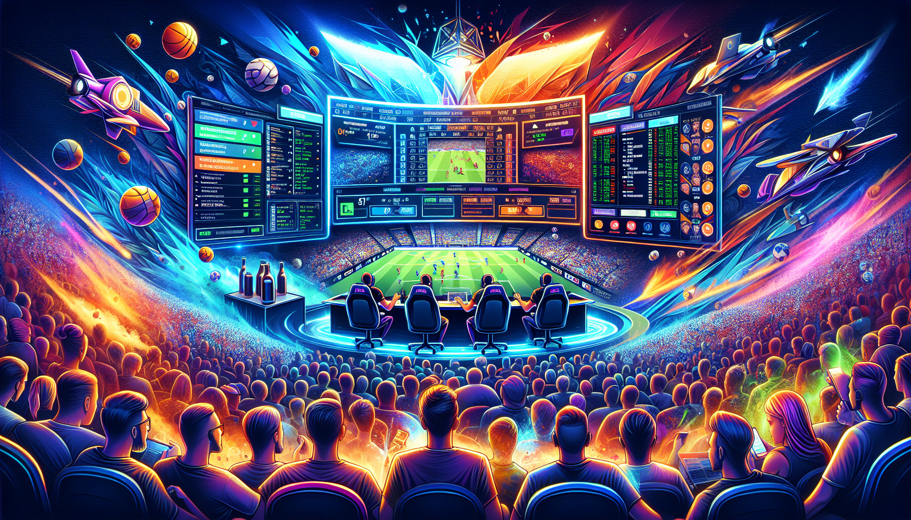 Create a vibrant and energetic digital artwork illustrating the exciting world of esports betting on LootBet. Showcase a dynamic gaming arena filled with intense action, with spectators eagerly watching the matches. Include elements such as a sleek desktop interface showing various betting options, statistics, and odds for popular esports games like CS:GO and Dota 2. Highlight the user-friendly features and benefits of LootBet, such as live betting, promotional offers, and secure transactions. Use a modern, tech-savvy aesthetic to capture the thrill and appeal for esports bettors.