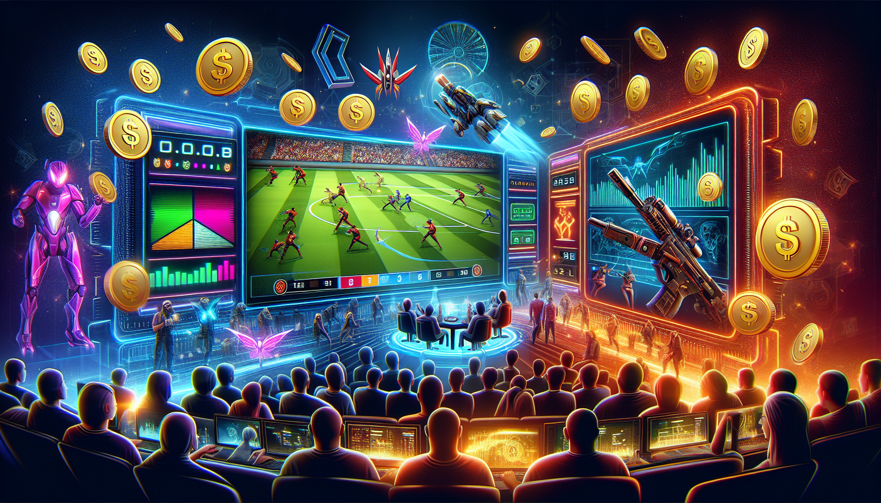 Create a vibrant and immersive digital illustration capturing the thrilling world of Counter-Strike: Global Offensive betting. The scene should feature an intense, high-stakes CS:GO match on multiple screens, surrounded by enthusiastic fans placing bets using digital interfaces. Include various betting symbols, such as coins, dollar signs, and graphs indicating odds, seamlessly integrated into the gaming environment. Incorporate elements of e-sports ambience like team logos, flashing lights, and energetic commentators to emphasize the excitement and competitiveness of this growing phenomenon.