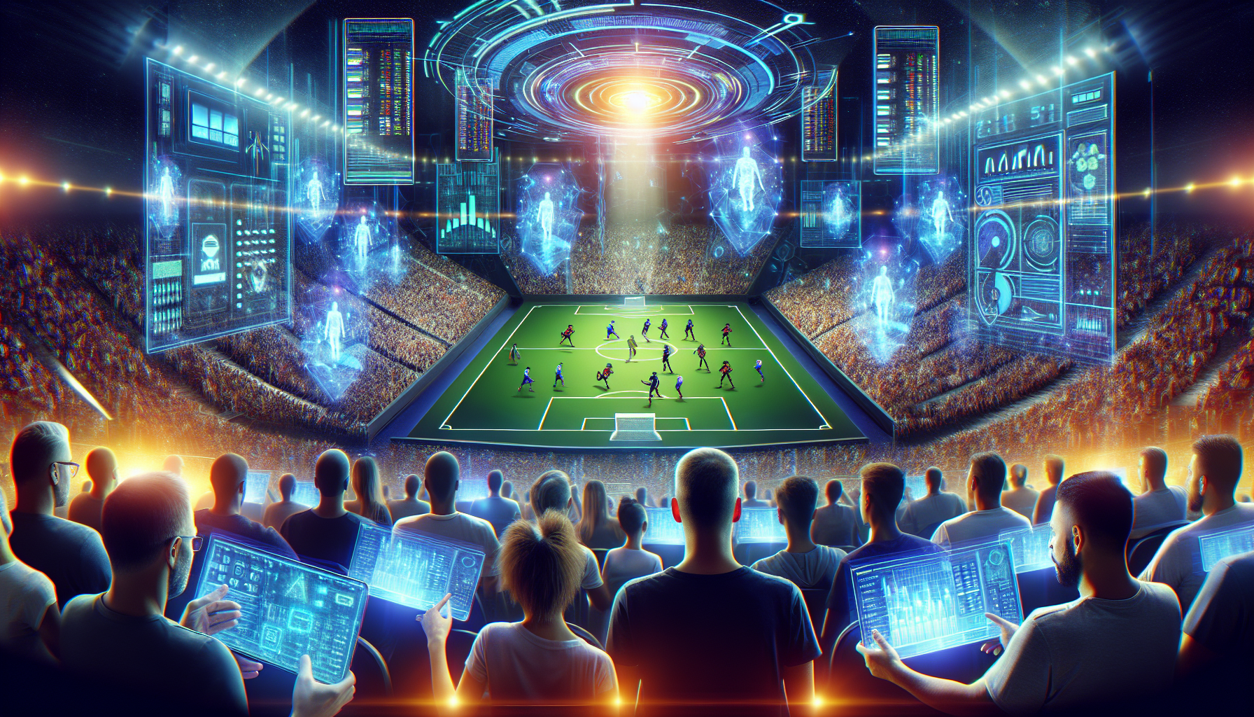 Create an image of a bustling virtual arena filled with enthusiastic fans watching an intense e-sports competition. In the foreground, show people placing bets on their smartphones and tablets, with holographic data and odds charts floating above them. The overall atmosphere should be electrifying and futuristic, emphasizing the intersection of technology, gaming, and gambling.