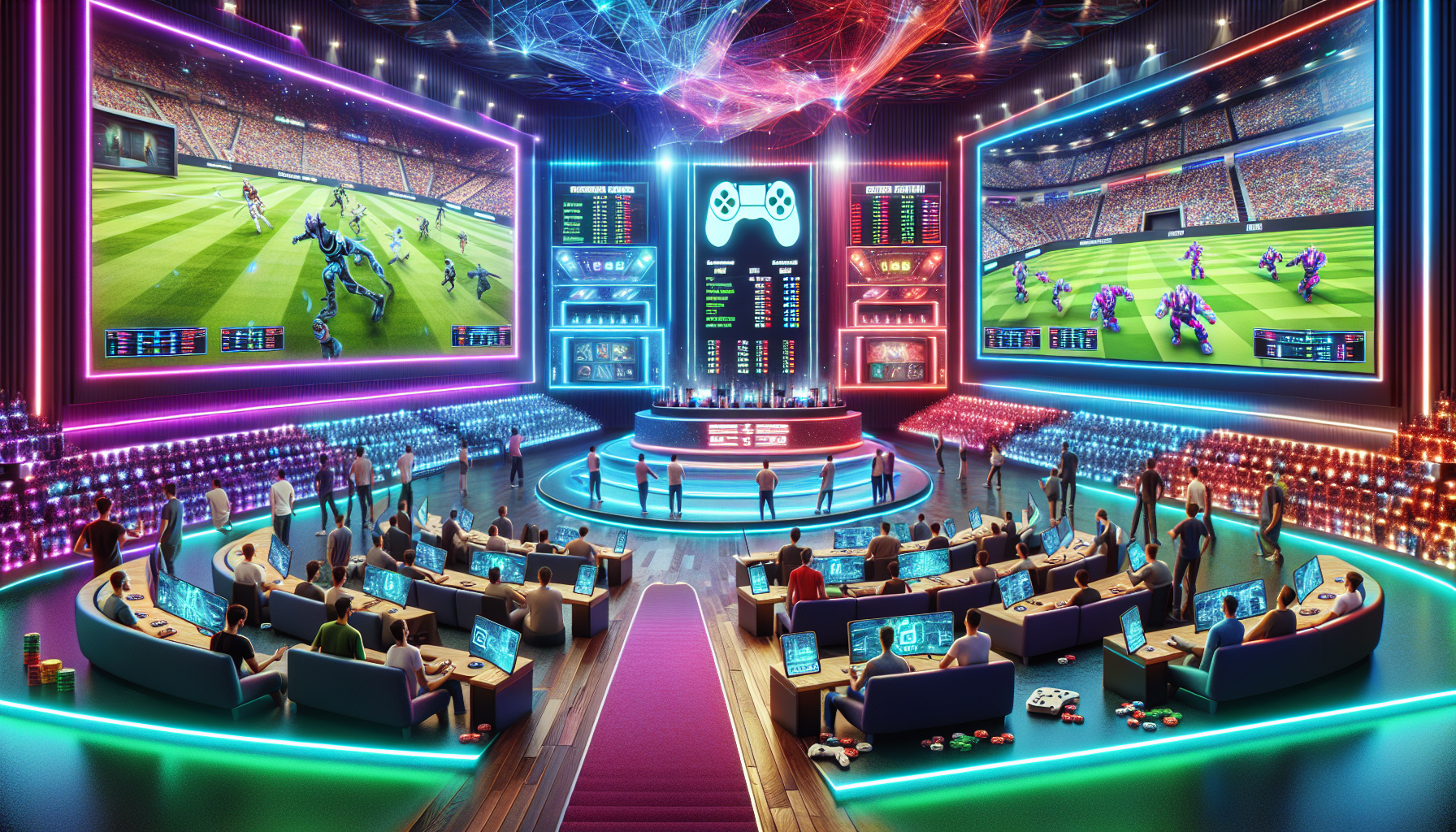 Create a vivid scene depicting the fusion of esports and sports betting: a high-energy esports arena with animated screens showcasing popular video game matches, alongside a sleek, modern betting area filled with enthusiastic spectators placing bets on digital tablets. Integrate elements like game controllers, neon lights, gaming characters, and betting odds displays to highlight the integration of traditional sports betting concepts with the dynamic world of esports.