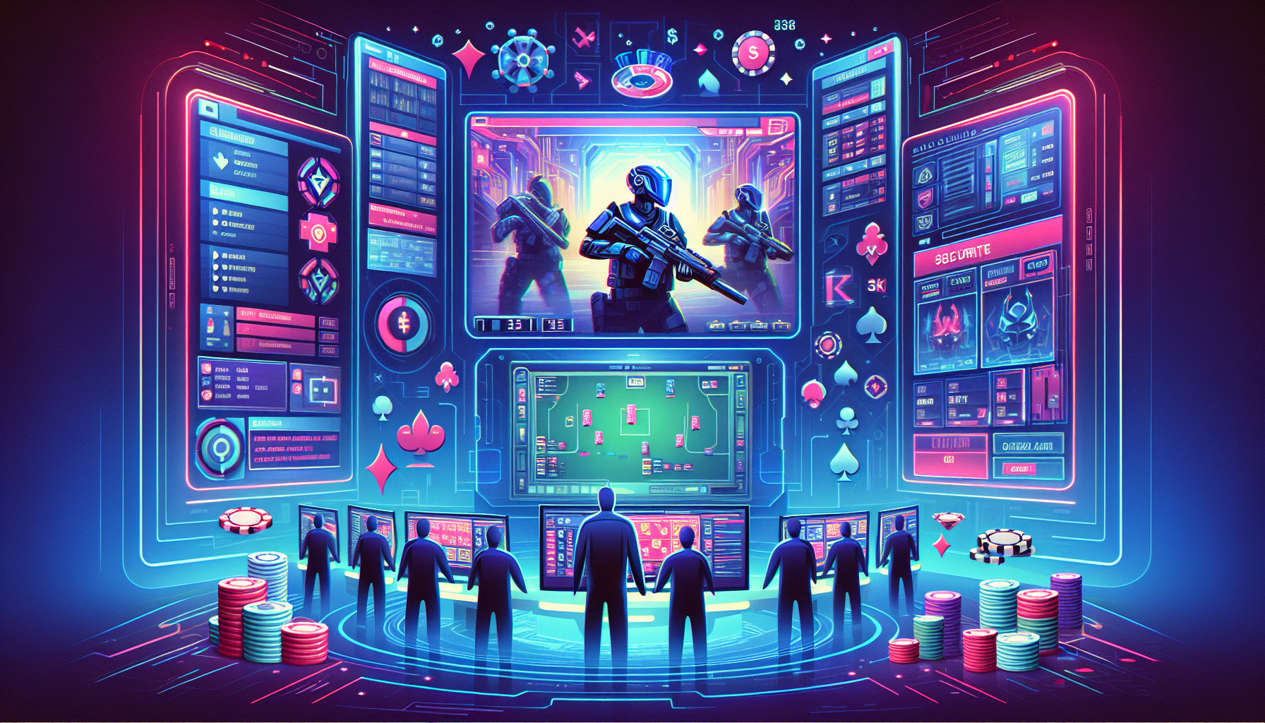 Create an image depicting a futuristic online gaming environment where players are engaging with Valorant gameplay on multiple screens. Below the screens, there are various gambling site interfaces and betting options related to the game. The atmosphere should be vibrant yet slightly guarded, with elements like digital currency symbols, poker chips, and security icons hinting at the blend of excitement and risk associated with gambling.