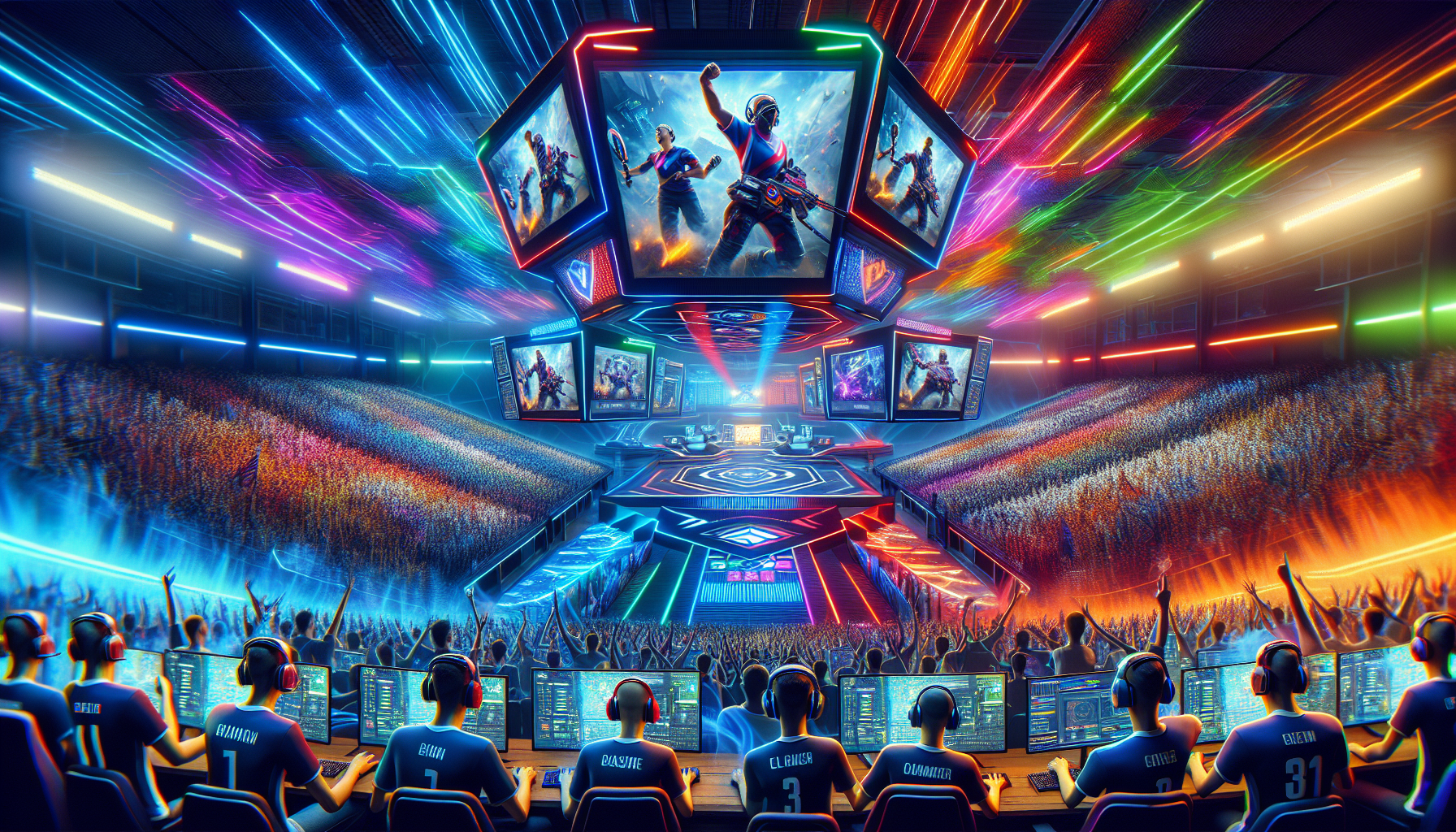 Create a vibrant digital illustration showcasing the excitement and popularity of Unibet Esports. The scene depicts a futuristic stadium packed with cheering fans, giant digital screens displaying intense esports matches, and team banners waving. In the foreground, enthusiastic gamers are fully immersed in their competitive gaming setups. Include branding elements of Unibet subtly integrated into the environment, such as logos on the screens, banners, or player jerseys. The overall atmosphere should be energetic and visually dynamic, capturing the thrilling essence of esports and online betting.