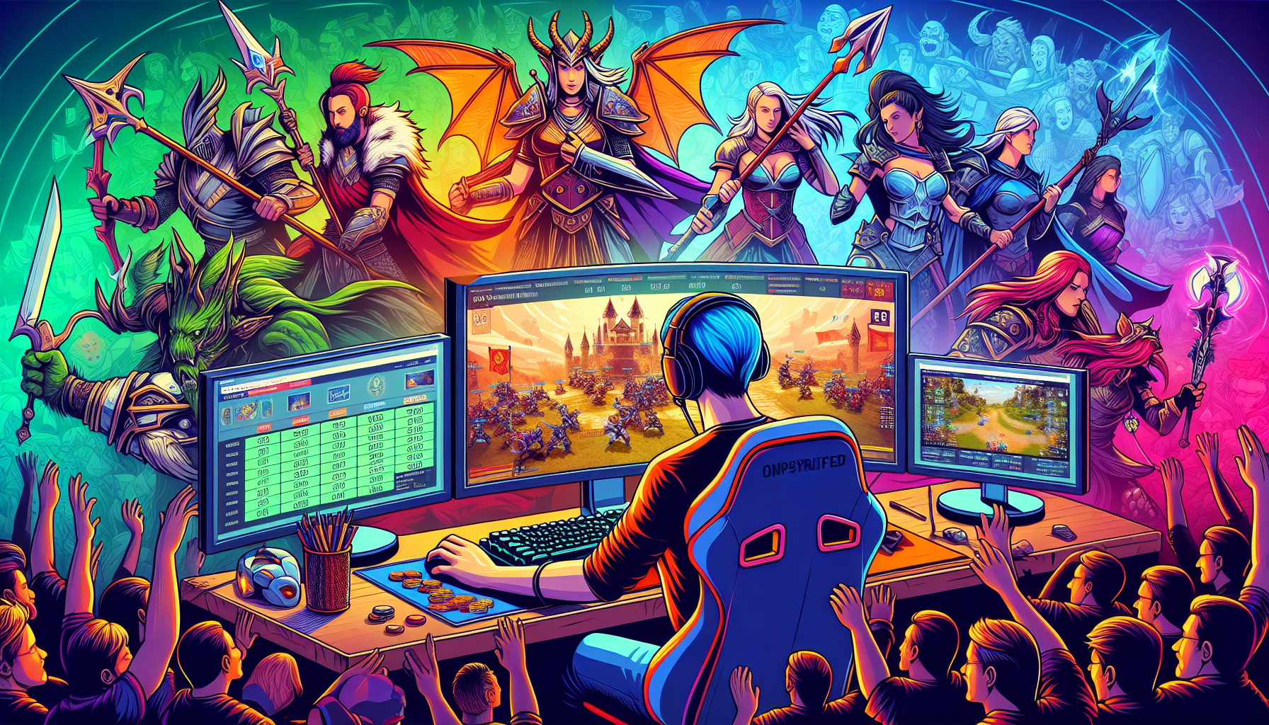 Create an image that depicts a gamer surrounded by League of Legends characters, sitting at a desk with multiple computer screens showing the Worlds Championship. One screen displays a betting website with odds and stats, while another shows live in-game action. The background should feature esports logos and enthusiastic fans cheering.