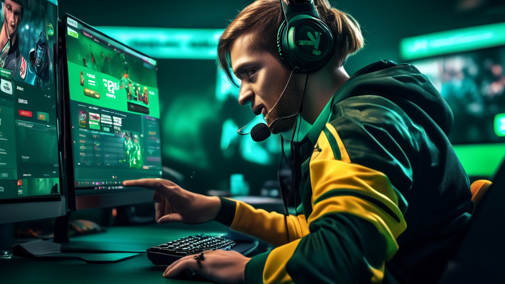 Create a vibrant and engaging image that showcases the experience of getting started with esports betting on Bet365. The scene should include a desktop computer displaying the Bet365 website with esports betting options visible, and a person excitedly placing a bet. Surrounding the desktop, incorporate visual elements of popular esports games like 'League of Legends,' 'CS:GO,' and 'Fortnite.' Add subtle icons or symbols representing betting, like coins or dollar signs, to emphasize the betting aspect. The setting should have a modern, tech-savvy atmosphere with a hint of excitement and anticipation.