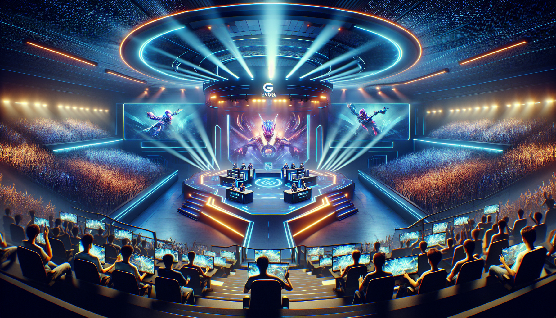 Create an image of a futuristic esports arena filled with cheering fans, showcasing a Midnite Esports team in intense action. Players are using high-tech gaming setups with holographic displays, and there are dynamic lighting effects highlighting the excitement of the competitive gaming scene. The arena's design is modern and sleek, with Midnite Esports branding prominently featured.