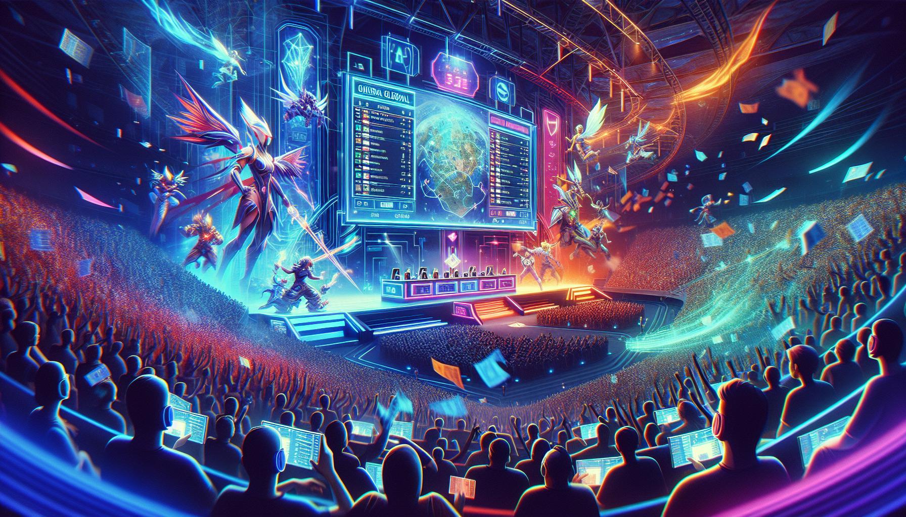 Create a vibrant, dynamic digital illustration featuring sports betting elements and the League of Legends Worlds Championship. Combine elements of esports such as professional gamers, iconic characters from League of Legends, and a stadium filled with cheering fans. Integrate sports betting visuals like odds boards, betting slips, and currency symbols. The overall mood should be thrilling and energetic, reflecting the high stakes and excitement of both esports and betting.