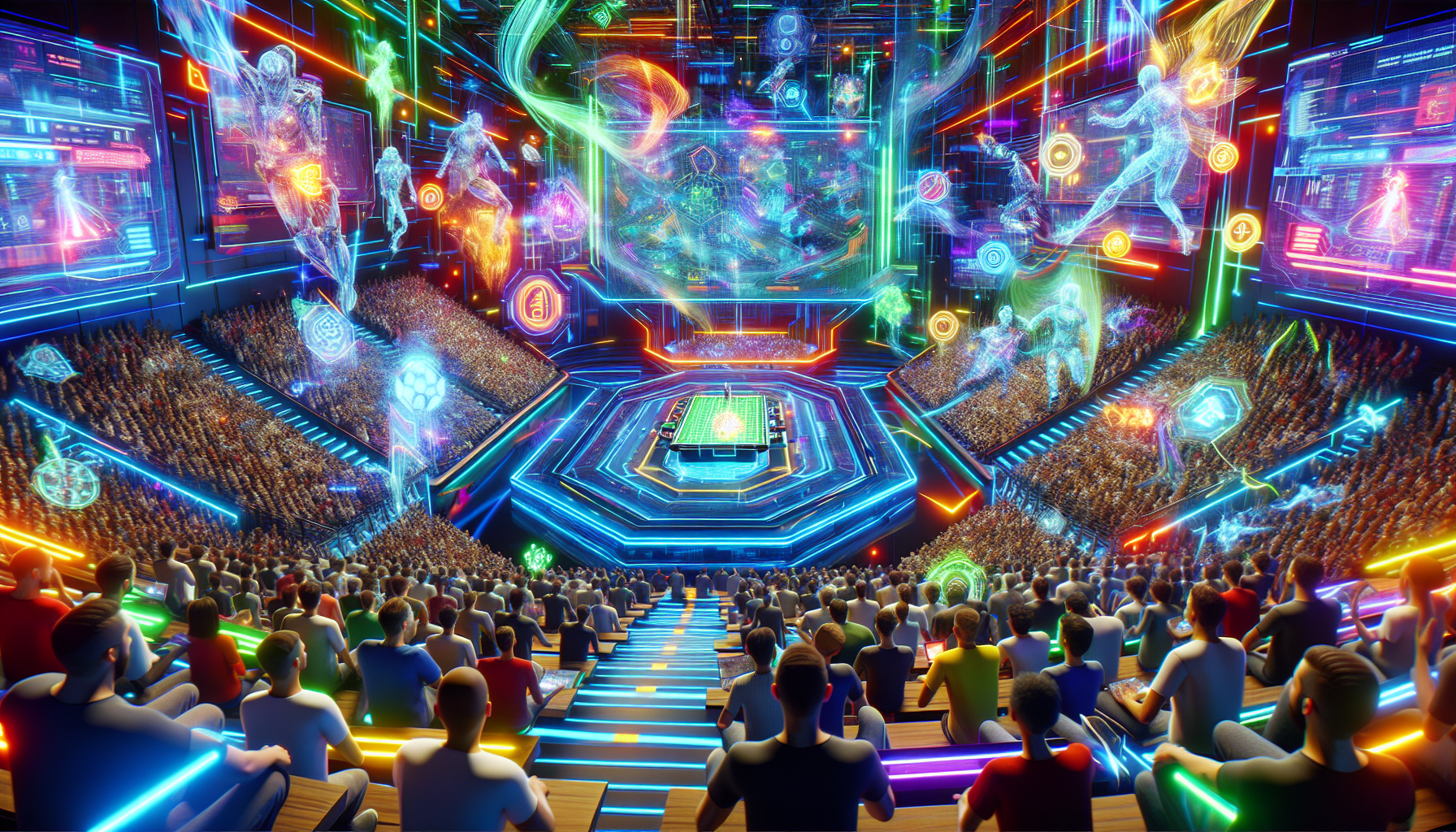 Create a detailed image of an energetic, futuristic arena filled with cheering fans watching an intense esports competition on giant screens. Surrounding the scene, incorporate holographic visuals of esports betting sites logos and icons, with vivid colors and digital designs, highlighting the excitement and innovation of online esports betting in 2023.