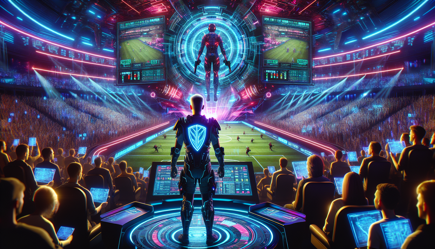 Create an artistic image that depicts a futuristic, cyberpunk-themed esports arena filled with vibrant neon lights and holographic displays. In the foreground, show a confident gamer wearing a stylish outfit with the Valorant logo, placing a bet on a high-tech betting terminal. The background should feature intense Valorant gameplay projected on massive screens, with an enthusiastic crowd of fans cheering and holding digital devices displaying betting odds.