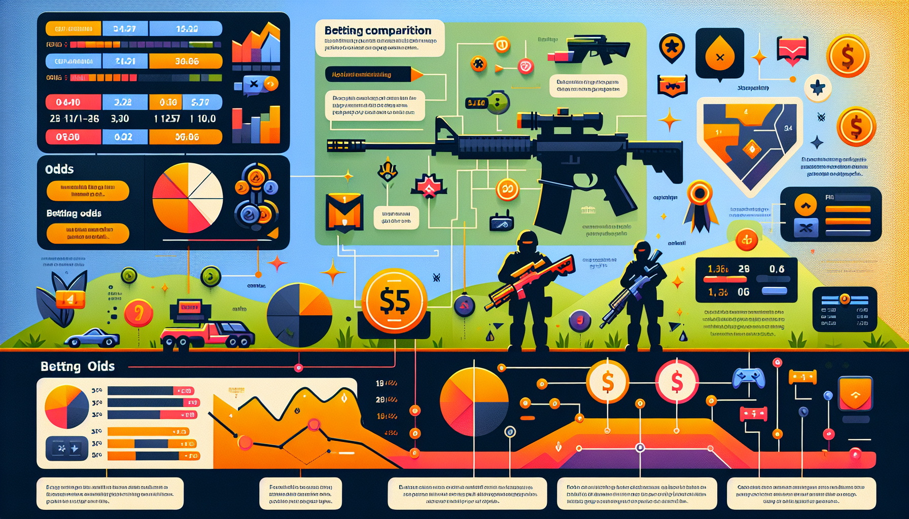 Create an infographic that visually explains the concept of betting odds in CSGO (Counter-Strike: Global Offensive) for beginners. The infographic should include elements like CSGO symbols (guns, maps, characters), a comparison chart showing different types of odds (fractional, decimal, and moneyline), and a simple step-by-step guide on how to interpret and use these odds for betting. Incorporate vibrant colors and gaming-themed graphics to make the information engaging and accessible.