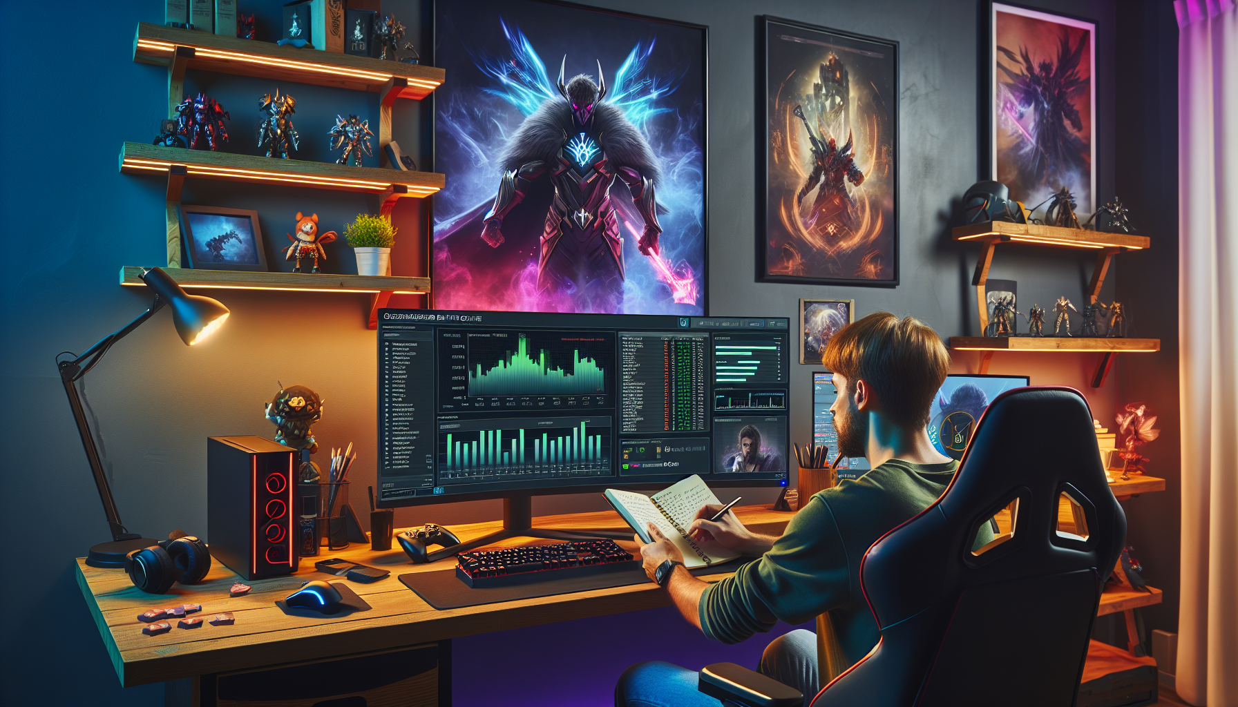 Create an image of a computer screen displaying detailed betting odds for a League of Legends (LOL) match, with a person analyzing the data and taking notes. Surround the setup with typical gaming paraphernalia like a League of Legends poster, a gaming mouse, and a keyboard. The background should feature a cozy, modern gaming room.