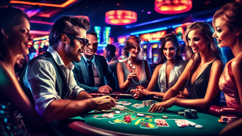 Create an image of a thrilling nighttime casino scene, with a diverse group of people excitedly gathered around various gambling tables such as blackjack and poker, under the vibrant glow of neon lights. The atmosphere should be energetic and suspenseful, showcasing both moments of triumph and intense focus. Include classic casino elements like playing cards, poker chips, and slot machines to capture the essence of a Midnite gambling adventure.