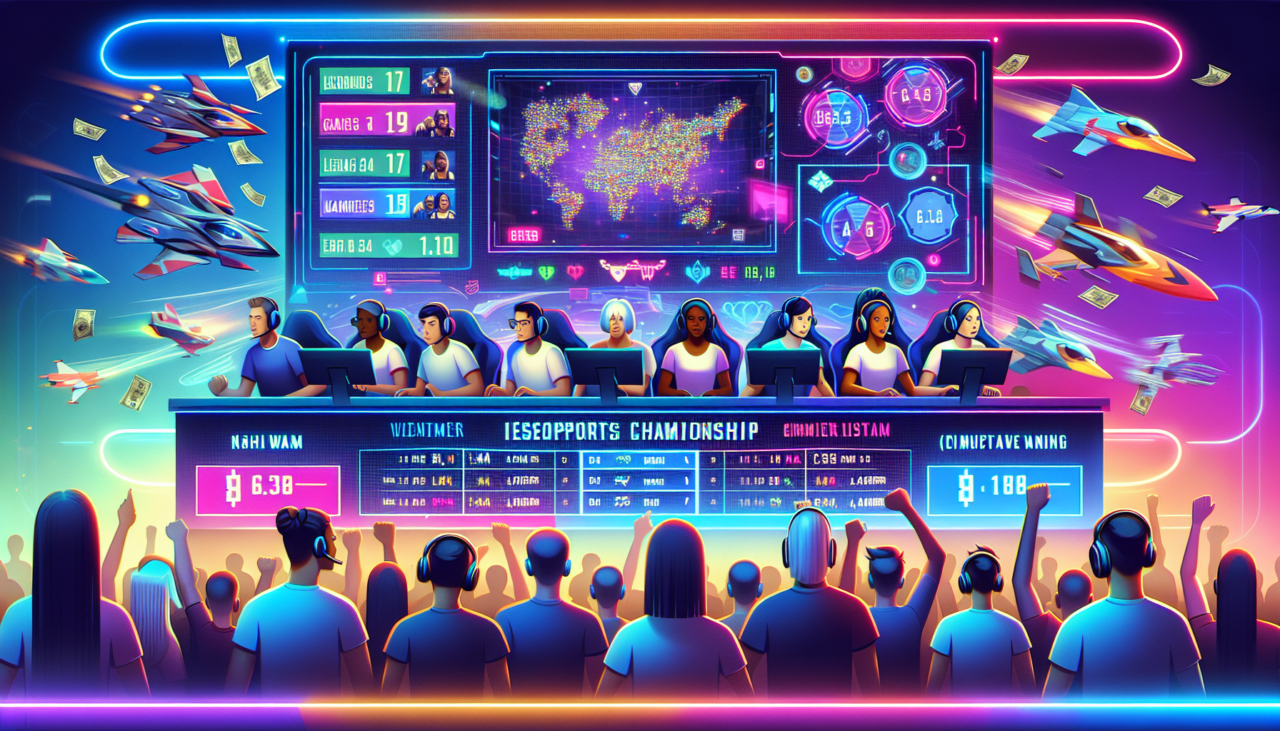 Create an image depicting an exciting scene from the League of Legends Worlds 2022, with fans cheering in the background, players from different teams intensely focused on their screens, and a digital display showing live betting odds and stats. Include neon lights and esports-themed decor to emphasize the competitive gaming atmosphere.