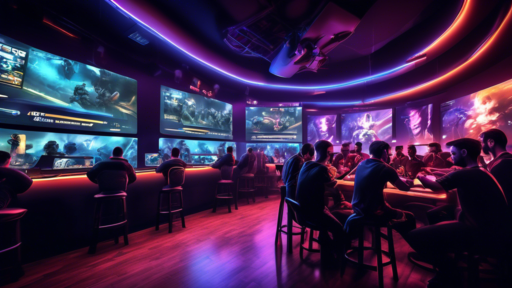 Create a detailed and dynamic image depicting a professional CSGO (Counter-Strike: Global Offensive) esports match being played on a large screen in a modern sports bar. Show enthusiastic fans placing bets on their tablets and smartphones, with odds and statistics displayed on side screens. Incorporate elements of excitement and anticipation in the atmosphere with neon lighting, team logos, and players in their gaming stations.