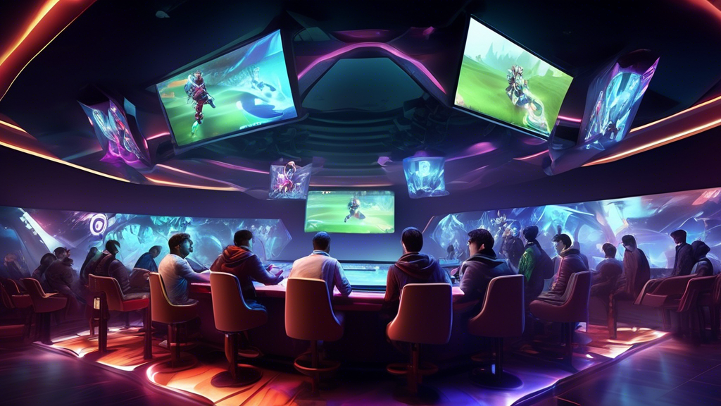 Create an image of a futuristic betting lounge with a high-tech ambiance, where people are watching a live Dota 2 esports match on a giant screen. The room should have holographic displays showing betting odds, player statistics, and live game updates. The audience should be a diverse group of excited fans, some using smartphones and tablets to place bets, others discussing strategies. Include iconic Dota 2 heroes and elements subtly integrated into the design of the room for added immersion.