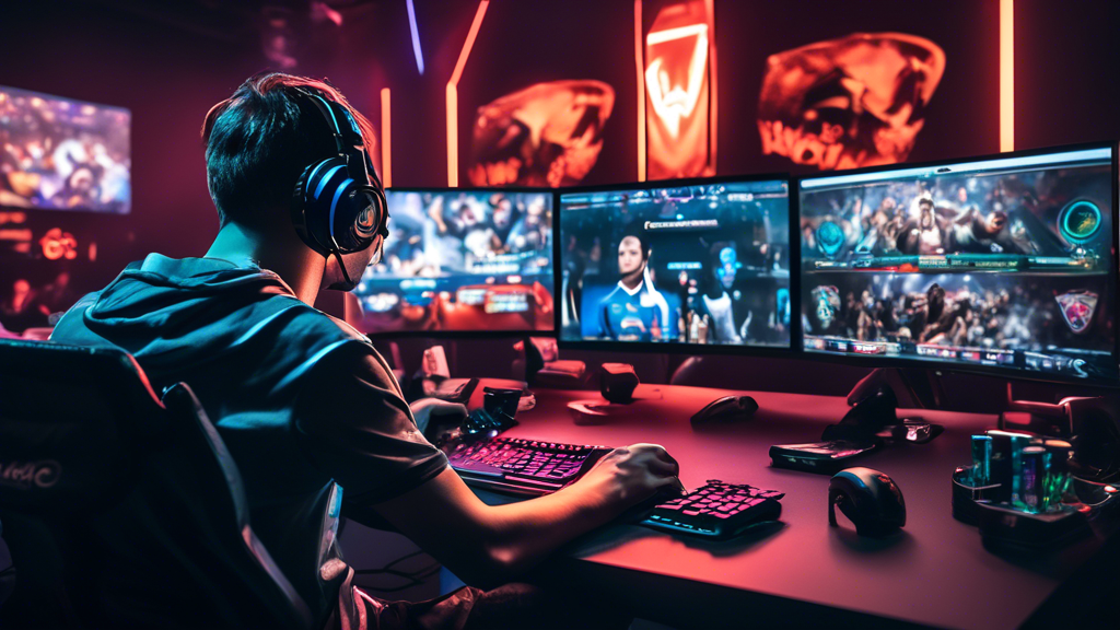 Create an image of an esports enthusiast sitting at a computer, comparing multiple online betting sites on their screens. The room is filled with gaming posters, esports trophies, and team logos. The screens display various esports like League of Legends, CS:GO, and DOTA 2, highlighting betting odds and options. The overall atmosphere is modern and dynamic, reflecting the excitement of esports and online betting.