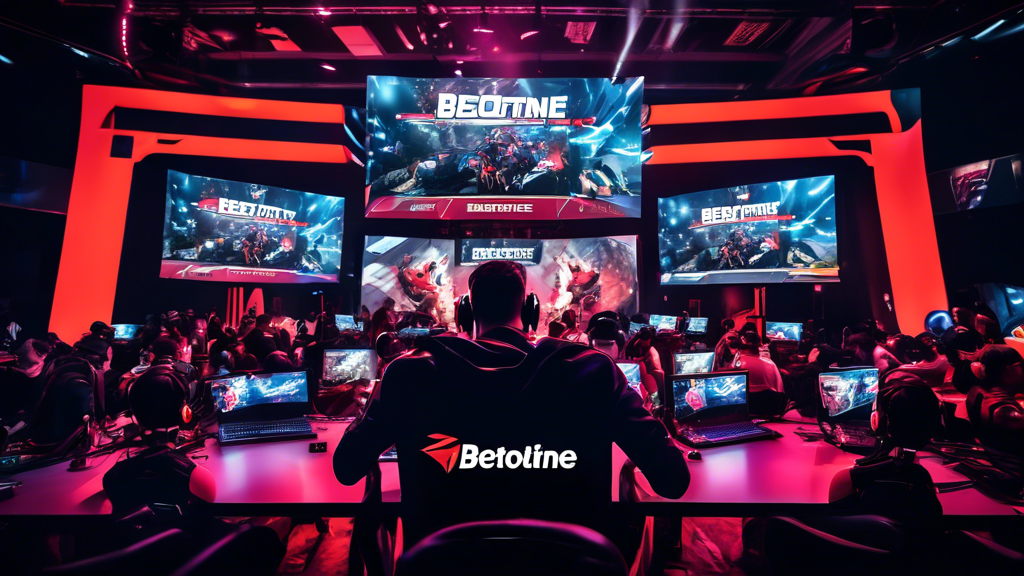 Create an image depicting a vibrant and dynamic esports tournament sponsored by BetOnline. The scene should be filled with enthusiastic gamers playing on high-end gaming setups, large screens displaying live game action, and a lively audience. Include BetOnline branding throughout the venue, such as banners, digital advertisements, and team jerseys. The atmosphere should be electric, capturing the excitement and energy of a major esports event.