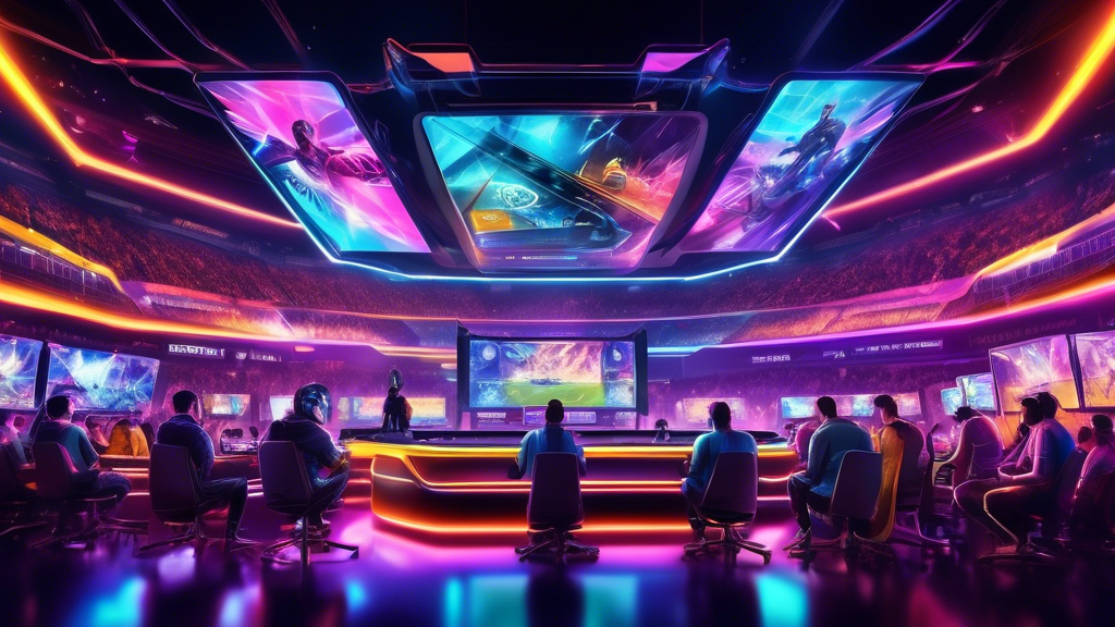 Create an image of a futuristic, vibrant sports arena filled with neon lights, where professional esports teams are competing on huge screens. Surrounding the arena, diverse fans with intense expressions are engaging with their devices, browsing a modern Betfair esports betting platform. Include details like team logos, player statistics, and betting odds on a holographic display.