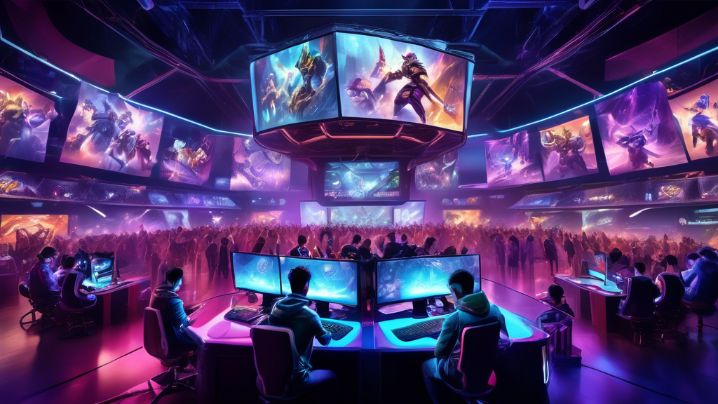 Create an image of a futuristic, high-tech gaming arena where enthusiasts are immersed in a vibrant and energetic atmosphere, surrounded by banners and screens displaying live League of Legends matches. In the foreground, show a group of diverse people using multiple devices like laptops and smartphones, engaged in online betting. Include visual elements that suggest safety, trust, and excitement, such as secure lock icons, celebratory confetti, and satisfied expressions on the bettors' faces.