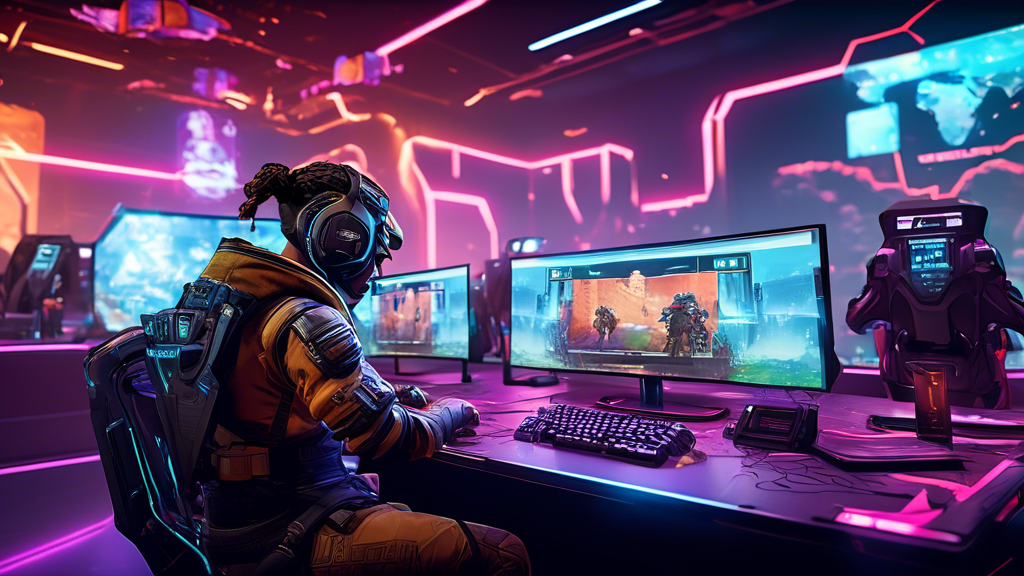 A futuristic scene with neon-lit buildings where diverse characters from Apex Legends are engaging in a high-stakes battle royale. In the foreground, a stylish gamer is sitting at a sleek computer setup with multiple screens, analyzing stats and placing bets on the match. Charts and odds are displayed on holographic interfaces around the room. The overall atmosphere is intense and electrifying, capturing the excitement of both gaming and betting.