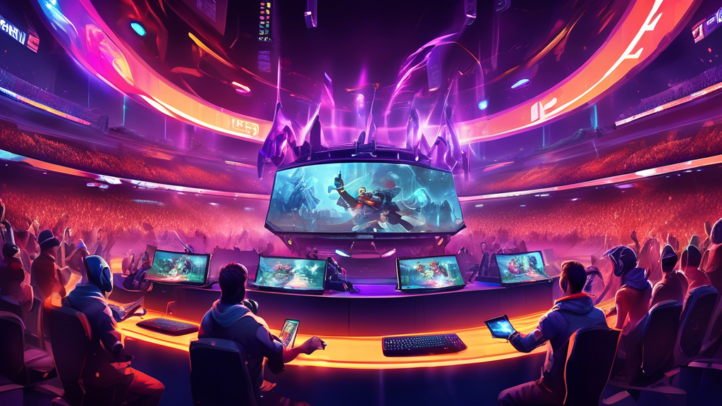 Create a vibrant, dynamic illustration of a futuristic digital arena with excited spectators watching a high-stake e-sports match on giant screens. Show a variety of characters engrossed in the game, some using mobile devices or laptops to place bets, and others cheering for their teams. Incorporate symbols of popular e-sports games like League of Legends, Dota 2, and Counter-Strike, with an overall theme of strategy, excitement, and community.