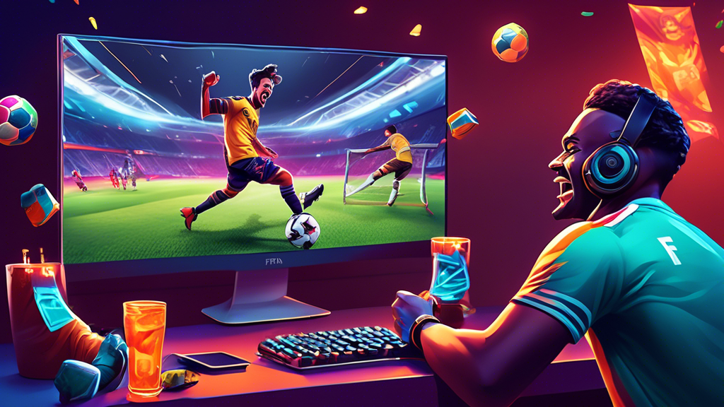 Create an illustrative image of an enthusiastic person placing a bet on a FIFA eSports match. The scene should include a computer screen displaying a live FIFA game with virtual players, and a smartphone showing betting options. Include elements like game controllers, sports-themed decorations, and a cozy room setting, capturing the excitement and engagement of eSports betting.