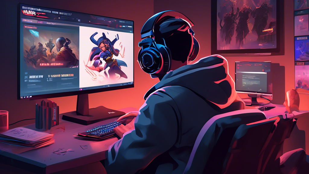 Create an illustration of a person wearing a gaming headset and studying a detailed guidebook titled 'Betting on Valorant Matches' on their computer screen. The setting is a cozy, well-lit gaming room with posters of Valorant characters on the walls and a Valorant match streaming on a secondary monitor. The person appears focused and cautious, exemplifying a safe and informed approach to betting.