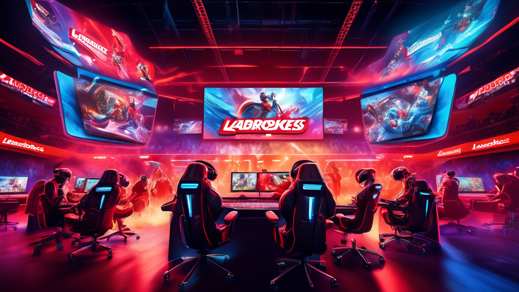 A vibrant illustration featuring the Ladbrokes logo prominently displayed against a dynamic backdrop of esports action. The scene includes popular esports games, enthusiastic players in gaming chairs, and a futuristic arena filled with energetic fans. Neon lights, digital screens, and high-tech equipment emphasize the technological and exciting atmosphere of the esports industry. The overall image captures the thrill and intensity of competitive gaming.