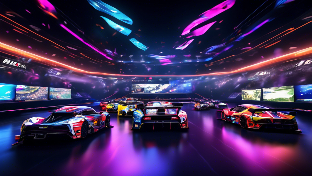 Create an image capturing the excitement and dynamism of a bustling esports arena dedicated to Gran Turismo, filled with enthusiastic spectators. The scene should feature multiple gaming stations with racers intensely focused, vying for the championship title. Include elements such as digital screens displaying live leaderboards, bet statistics, and advertisements for betting platforms. Use vibrant colors to capture the high-energy atmosphere, highlighting the futuristic cars and the high-tech ambiance of the event.