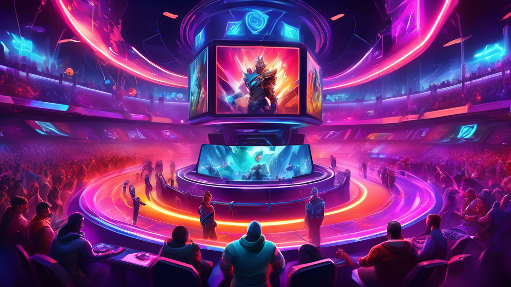 Create a dynamic and colorful digital artwork depicting a futuristic cyber arena where people place bets on a heated Dota 2 esports match, with holographic screens displaying live gameplay, odds, and stats. Include vibrant neon lights, excited spectators, and digital representations of popular Dota 2 heroes in action.