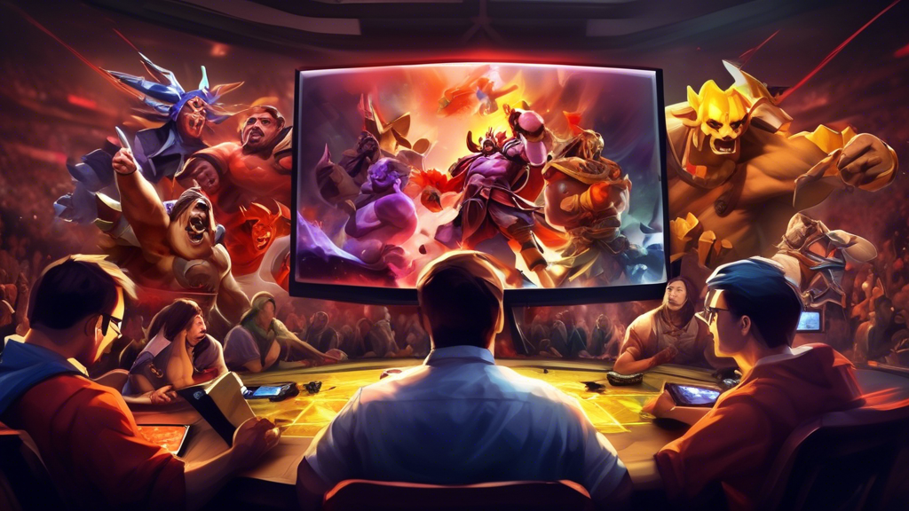 Create an image depicting the intensity and excitement of a Dota 2 The International (TI) tournament betting scene. The setting should feature fans surrounding large screens displaying live Dota 2 gameplay with betting odds and statistics in the background. Include a mix of fans analyzing the game, celebrating, and engaging in friendly debates over bets, with a focus on detail and vibrant colors to capture the atmosphere.