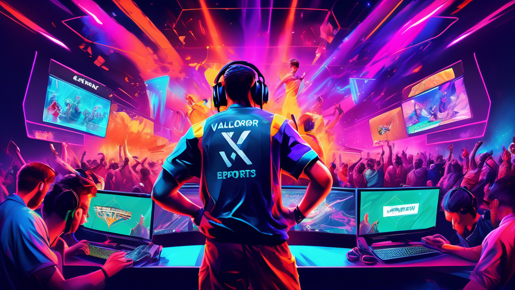 Create an image that depicts an intense Valorant esports tournament scene with vibrant colors. Feature enthusiastic fans, professional players focused on their game, and an overlay of betting odds and statistics on the screen in the foreground. Highlight the excitement and complexity of the Valorant Champions Tour (VCT) and its connection to esports betting.