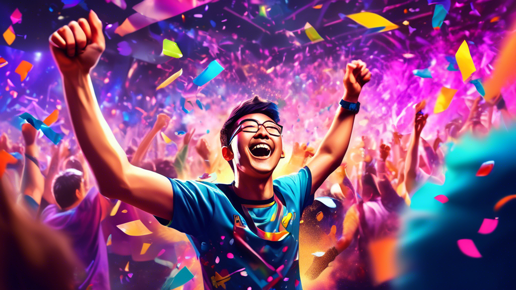 Create an image of a person celebrating after successfully winning a big bet during the LoL Mid-Season Invitational. The background should feature a vibrant esports arena filled with cheering fans and giant screens displaying intense gameplay from League of Legends. The person should be holding a betting slip and have a triumphant expression, surrounded by colorful confetti and digital graphics showing victory indicators.