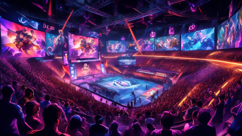 An artistic depiction of a vibrant esports arena filled with enthusiastic fans, showcasing a live League of Legends championship event in 2022. The scene highlights diverse teams competing on a dynamic stage, with intense gameplay projected on massive screens. Include banners and flags representing various countries, a cheering crowd with colorful attire, and a digital scoreboard displaying the current odds for each team. Capture the excitement and energy of the esports community.