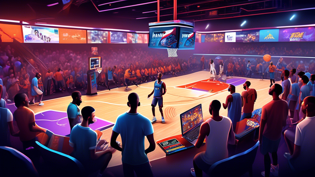 Create a vibrant and dynamic illustration of a basketball court featuring a large digital scoreboard displaying NBA 2K game stats. In the foreground, depict a group of diverse gamers enthusiastically discussing strategies while analyzing data on laptops and tablets. Include visual elements like charts and betting odds floating around them, along with basketballs and controllers, to capture the essence of NBA 2K betting and its strategies.