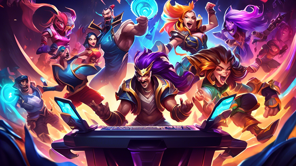 Create a vibrant and dynamic illustration depicting the excitement of online betting on League of Legends (LOL). Include elements like colorful gaming characters, energetic fans cheering in front of computer screens, digital betting interfaces, and a lively atmosphere filled with gaming paraphernalia. Incorporate symbolic imagery of strategy and competition, such as game maps, trophies, and betting odds, all set in a futuristic esports arena.