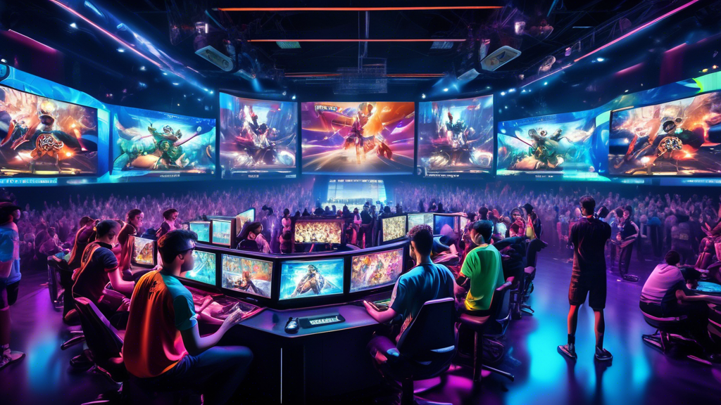 Create an image depicting a vibrant and dynamic esports arena filled with cheering fans. In the foreground, show a large digital screen displaying various esports games and betting odds. Include diverse gamers competing intensely, surrounded by colorful graphics and trophies. Capture the excitement of online betting with elements like smartphones and tablets that showcase live betting interfaces. The atmosphere should reflect the energy and growing popularity of esports as a form of entertainment and betting.