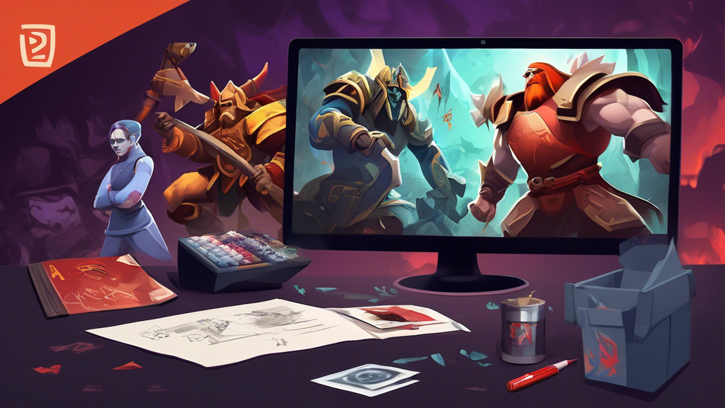 Create an illustrated guide cover for How to Bet on Dota 2 Matches: A Beginner's Guide. The image should feature a visually engaging scene with a Dota 2 game in progress on a computer screen, showing iconic heroes in action. Include elements like betting slips, odds displayed, and a beginner enthusiast studying the game with a notebook and pen in hand. The background should depict a cozy gaming setup, with soft lighting and gaming paraphernalia. Add text overlay with the title in an eye-catching font.