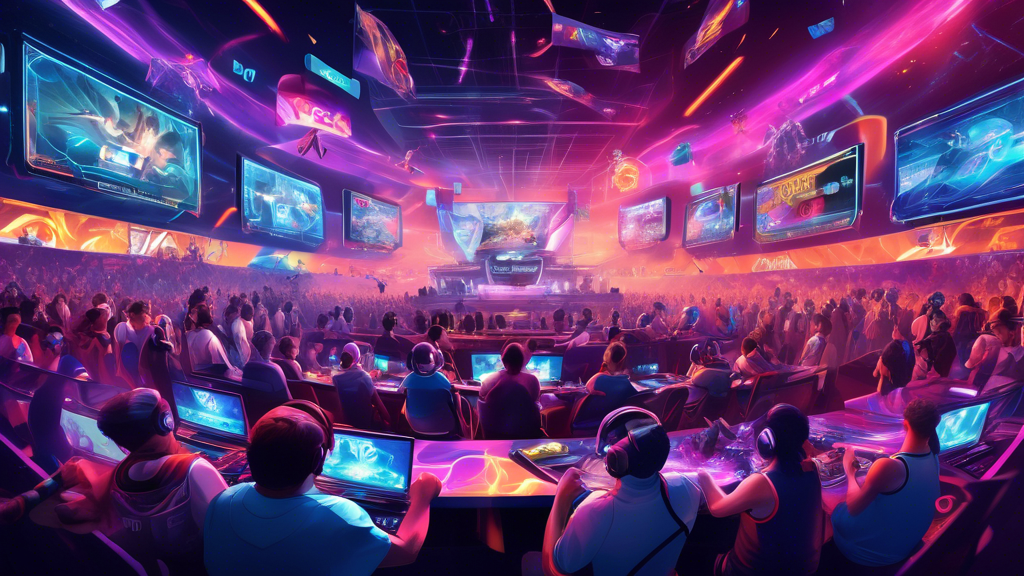 An artistic representation of a vibrant online gaming environment showcasing popular esports games, with elements like digital betting slips, esports trophies, and enthusiastic fans cheering. Include futuristic graphics displaying odds and statistics, all set in a virtual arena themed around various esports genres, like FPS, MOBA, and fighting games, capturing the excitement of betting on esports in 2023.