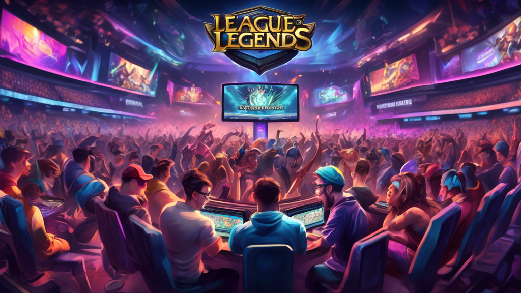 An illustrated guide to understanding League of Legends World Championship betting, featuring a vibrant gaming scene with competitive players, betting odds displayed, a colorful scoreboard, and strategic tips in bold text. The background includes iconic League of Legends characters and a bustling esports arena filled with enthusiastic fans.