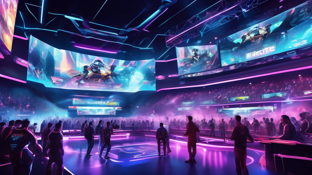 Create an image of a futuristic esports arena filled with cheering fans and massive digital screens displaying various esports games. In the foreground, a holographic display shows betting odds and analytics, with digital interfaces and numbers constantly updating. The overall scene should depict a high-tech atmosphere showcasing both the excitement of esports and the complexity of betting in this digital era.