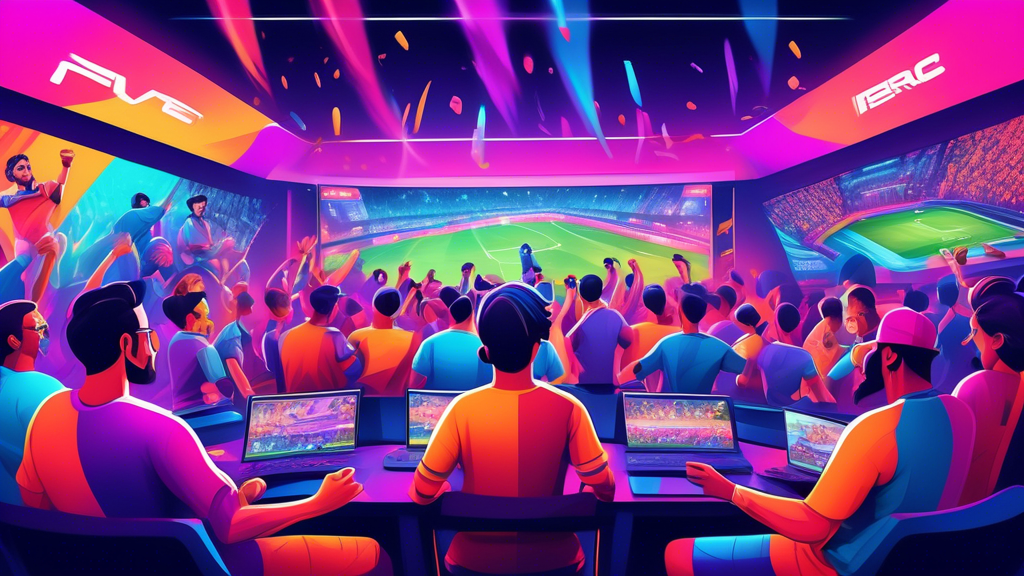 Create an imaginative illustration of a vibrant esports betting scene, featuring a diverse group of enthusiastic esports fans gathered around a large screen displaying an exciting e-soccer match. The fans are cheering, wearing team jerseys, and engaging in discussions about winning betting strategies. Include elements like colorful graphics of soccer players, live betting odds, and virtual coins, all set in a modern gaming lounge atmosphere.