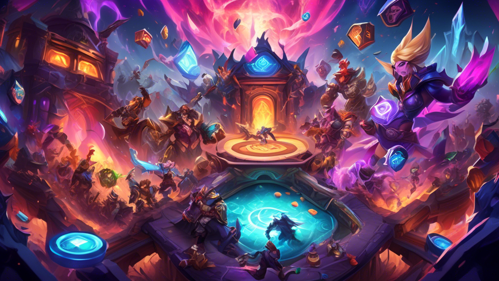 Create an illustration of a vibrant fantasy landscape inspired by the world of League of Legends, featuring iconic champions engaging in a tactical battle, surrounded by various betting icons and symbols that represent wagering on matches. Include elements like mystical runes, a colorful scoreboard, and a crowd cheering from a digital arena, encapsulating the excitement of both gaming and betting in a visually engaging way.