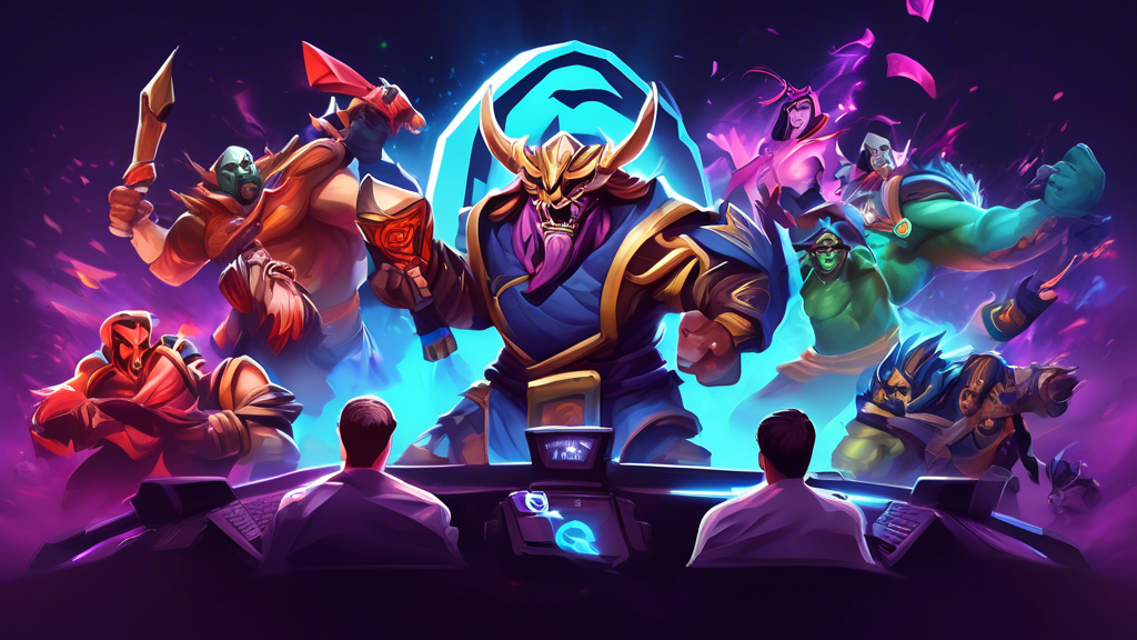 Create an illustration depicting a vibrant esports scene focused on Dota 2 betting. Include elements such as a Dota 2 tournament in progress with spectators cheering, a large screen displaying live game action, and a digital betting interface showing odds and options. Incorporate the GGBet logo prominently, along with visuals of popular Dota 2 heroes engaged in battle. Make the atmosphere energetic and engaging, capturing the excitement of both the game and the betting experience.