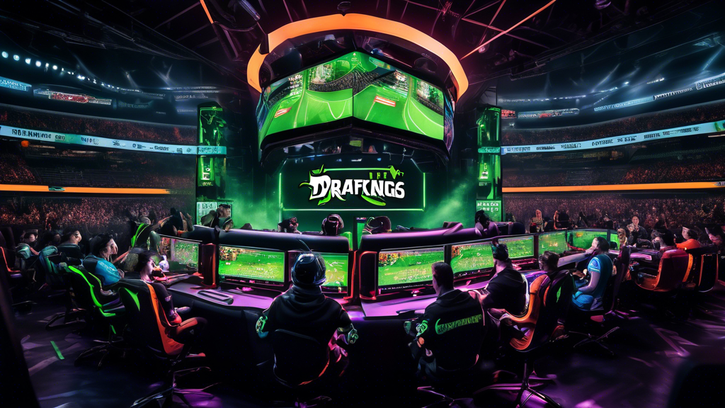 Create an eye-catching digital image featuring the dynamic world of esports betting on DraftKings. Illustrate an intense esports competition scene with professional gamers playing in a high-tech arena. Include elements of live betting displays, odds, and strategic charts overlaying the scene. Incorporate the DraftKings logo in a vibrant way, ensuring it blends seamlessly with the esports theme. The color palette should be bold and energetic, reflecting the excitement of gaming and betting.