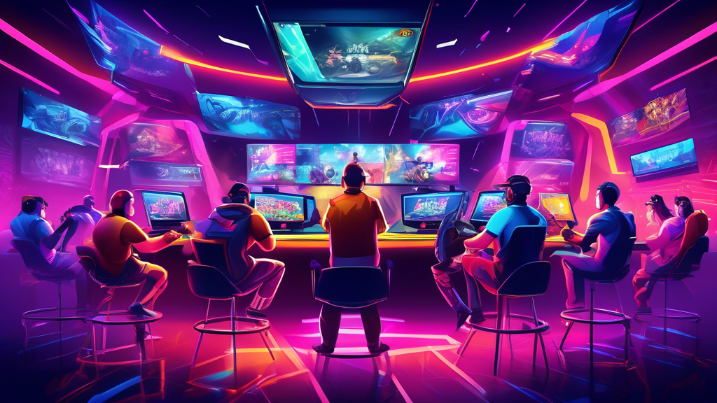 Create an illustration depicting a dynamic esports betting environment, featuring a diverse group of enthusiastic fans gathered around multiple screens displaying intense gaming matches. Include elements like a futuristic betting kiosk, charts showcasing stats and odds, and iconic gaming characters in action. The setting should evoke excitement, competition, and strategy, with vibrant colors and high-tech details.